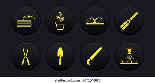 Set Gardening Handmade Scissor, Trowel Spade Shovel, Saw, Automatic Irrigation Sprinklers, Flowers Pot,  And Hose Fire Hose Icon. Vector