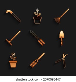 Set Gardening cissor hecho a mano, pala de pala trowel, maceta de flor, rastrillo, para hojas y icono de sierra. Vector