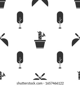 Set Gardening handmade scissors, Cactus and succulent in pot and Tree on seamless pattern. Vector