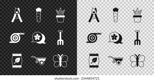 Set Gardening handmade scissors, Carrot, Plant pot, Fertilizer bag, Wheelbarrow with dirt, Butterfly, hose and Flower icon. Vector