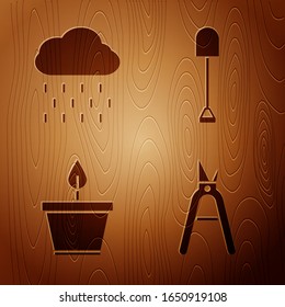 Set Gardening handmade scissors, Cloud with rain, Plant in pot and Shovel on wooden background. Vector