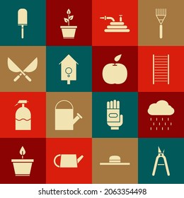 Set Gardening tijeras hechas a mano, Nube con lluvia, Escalera de madera, manguera de fuego, reloj de pared Retro, pala de pala de pala de pala y icono de Apple. Vector