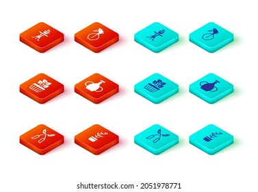 Set Gardening handmade scissors, Exotic tropical plant pot, Indoor ivy, Vase, Water spray bottle and Plant on table icon. Vector