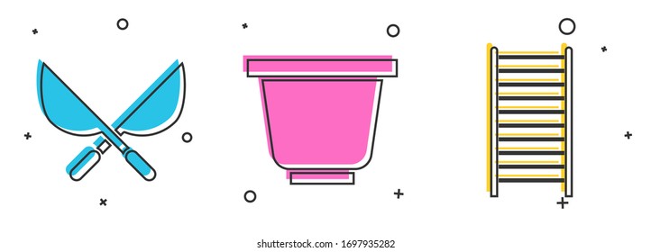 Set Gardening handmade scissors, Flower pot and Wooden staircase icon. Vector