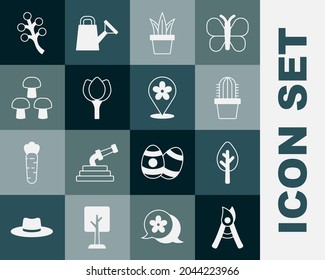 Set Gardening handmade scissors, Forest, Cactus peyote pot, Plant, Flower tulip, Mushroom, Blossom tree branch and Location with flower icon. Vector