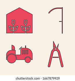 Set Gardening handmade scissors, Home greenhouse and plants, Scythe and Tractor icon. Vector
