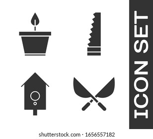 Set Gardening handmade scissors, Plant in pot, Retro wall watch and Garden saw icon. Vector
