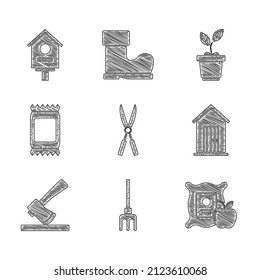 Set Gardening handmade scissors, rake, Apple the sack, Farm house, Wooden axe, Fertilizer bag, Plant pot and Bird icon. Vector