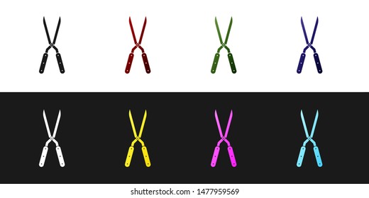 Set Gardening handmade scissors for trimming icon isolated on black and white background. Pruning shears with wooden handles.  Vector Illustration