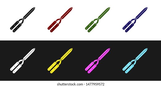 Set Gardening handmade scissors for trimming icon isolated on black and white background. Pruning shears with wooden handles.  Vector Illustration