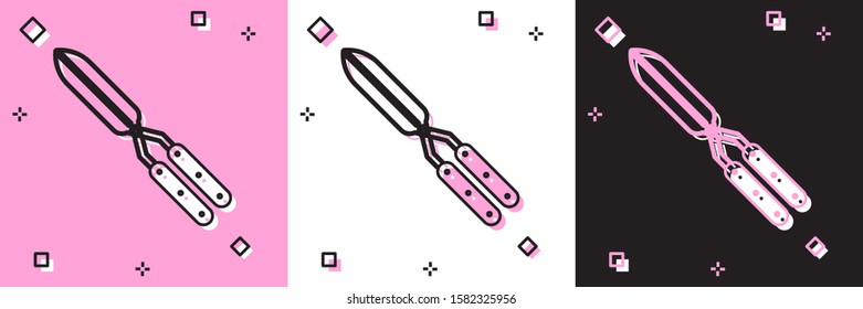 Set Gardening handmade scissors for trimming icon isolated on pink and white, black background. Pruning shears with wooden handles.  Vector Illustration