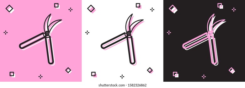 Set Gardening handmade scissors for trimming icon isolated on pink and white, black background. Pruning shears with wooden handles.  Vector Illustration
