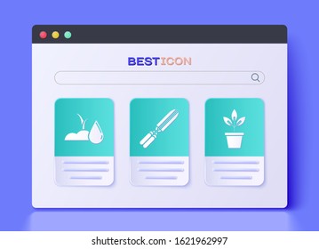 Set Gardening handmade scissors for trimming, Watering sprout and Flowers in pot icon. Vector