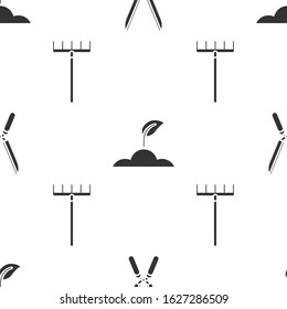 Set Gardening handmade scissors for trimming, Sprout and Garden rake on seamless pattern. Vector