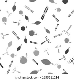 Set Gardening handmade scissors for trimming, Leaf, Garden rake and Apple on seamless pattern. Vector