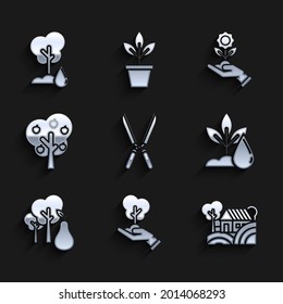 Set Gardening handmade scissors for trimming, Tree of environmental protection, Farm House concept, Watering plant, with pears, apple, Hand holding flower and  icon. Vector