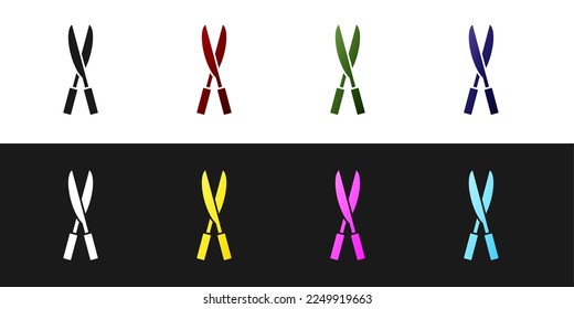 Set Gardening handmade scissors for trimming icon isolated on black and white background. Pruning shears with wooden handles.  Vector