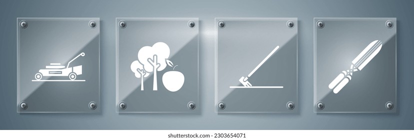 Set Gardening handmade scissors for trimming, Garden rake in work, Tree with apple and Lawn mower. Square glass panels. Vector