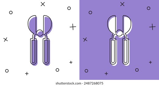 Set Gardening handmade scissors for trimming icon isolated on white and purple background. Pruning shears with wooden handles.  Vector