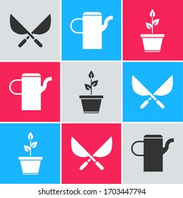 Set Gardening handmade scissors, Watering can and Plant in pot icon. Vector