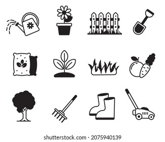 Set of gardening icon with black color isolated on white background. Simple gardening related vector illustration