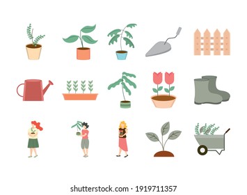 set gardening, icon with woman plants wheelbarrow watering can flowers boots vector illustration