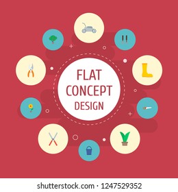 Set of gardening icons flat style symbols with pail, fruit tree, grass-cutter and other icons for your web mobile app logo design.