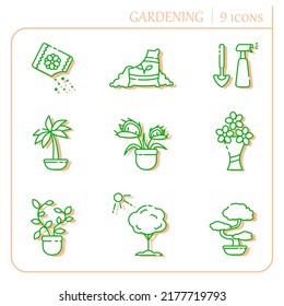 Set of gardening icons. Flowers and garden tools. Isolated vector.