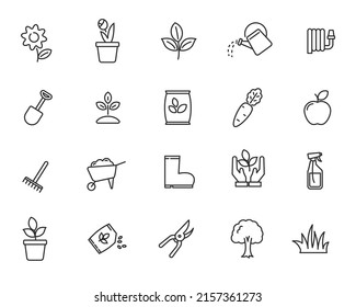 Set of gardening icons in linear style isolated on white background