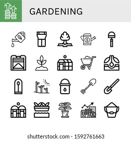 Set of gardening icons. Such as Growth, Watering can, Planter, Hoe, Compost, Sprout, Greenhouse, Wheelbarrow, Seed, Plant, Plant tree, Water bucket, Shovel, Hydroponic gardening , gardening icons