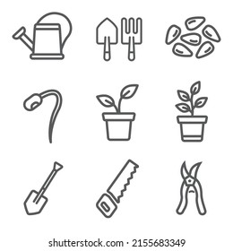 Set of gardening icons. Water can, shovel, plant, saw, secateurs