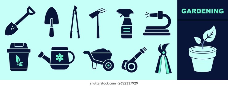 Set of gardening icons. Wheelbarrow, shovel, spade, Sprinkler, Hedge Trimmer, compost bin, leaves blower, hose, plant pot, Plant Mister, Watering Can, Loppers. Editable icon elements, size and color.