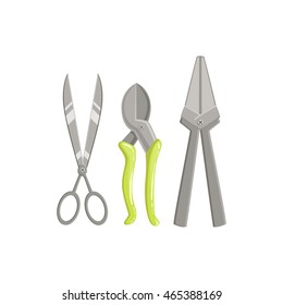 Reihe von Gartengeräten mit Scheren und Pruner