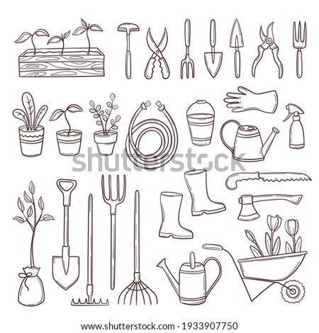 Set gardening items in doodle hand drawn style. Various agricultural and garden tools for spring work. Growing potted plants, seedling. Vector illustration on white background