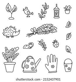 Set of gardening items in doodle style. Various agricultural and garden things for spring and summer work. Vector clip art illustration isolated on white background