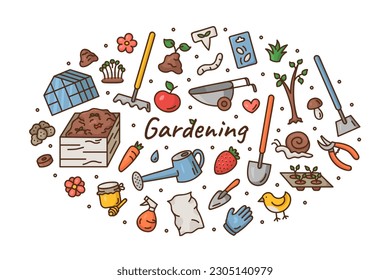 Set of gardening items in doodle style isolated on white background.