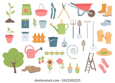 set of gardening items in flat style. Agricultural and garden tools for garden. Vector isolated on white.