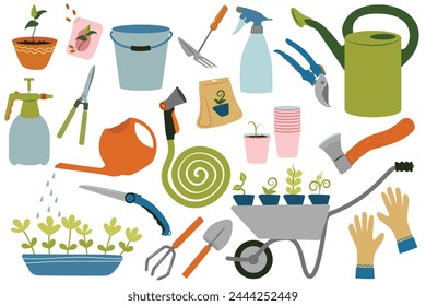 Set of gardening items in flat style. Agricultural and garden tools for spring work. 