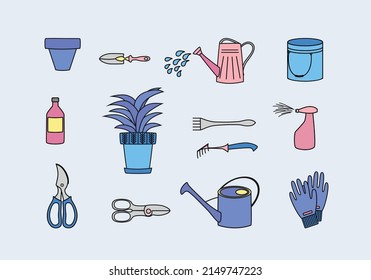 Set of gardening items. Garden tools - vector illustration of items for farming or farmer garden household