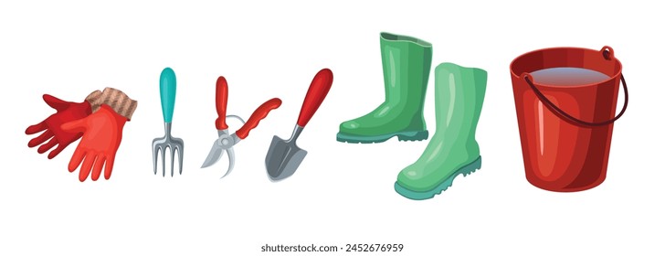 A set of gardening items. Gloves, boots, shovel, garden fork, pruner, bucket of water. Garden tools. Collection of garden tools and plants. Gardening or horticulture concept.