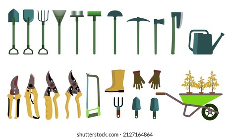 Set of gardening items in hand drawn style. Various agricultural and garden tools for spring work. Garden tools. Flat design illustration of items for gardening. Vector illustration. 