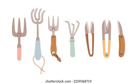 Set of gardening items in hand drawn style. Agricultural and garden tools for spring work. Vector isolated on white