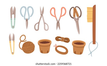 Set of gardening items in hand drawn style. Agricultural and garden tools for spring work. Vector isolated on white