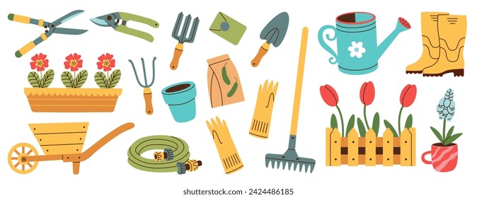 Set of gardening items in hand drawn style. Agricultural and garden tools for spring work. Vector isolated on white.