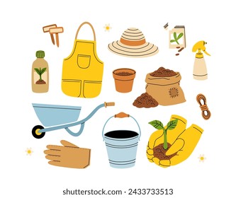 Conjunto de artículos de jardinería en estilo dibujado a mano de dibujos animados. Diversas herramientas agrícolas y de jardín para trabajos de primavera. Cultivando plantas. Delantal, guantes, sombrero, carretilla, compost y fertilizante