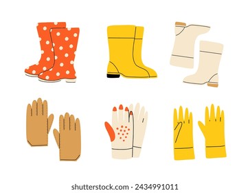 Set of gardening items in hand drawn cartoon style. Various rubber boots and garden gloves. Vector clip art illustration.