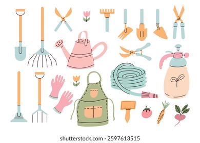 Set of gardening items in hand drawn style.