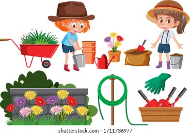 Set of gardening items on white background illustration