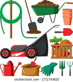 Set of gardening items on white background illustration