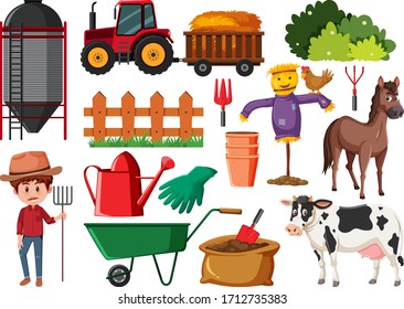 Set of gardening items on white background illustration